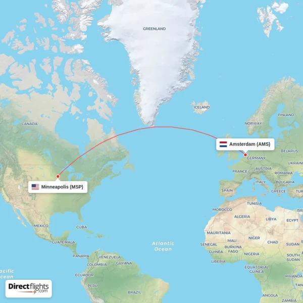 Minneapolis - Amsterdam direct flight map