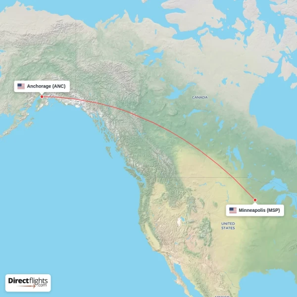 Minneapolis - Anchorage direct flight map