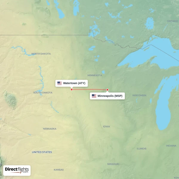 Minneapolis - Watertown direct flight map