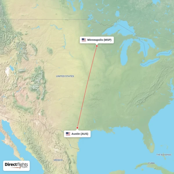 Minneapolis - Austin direct flight map