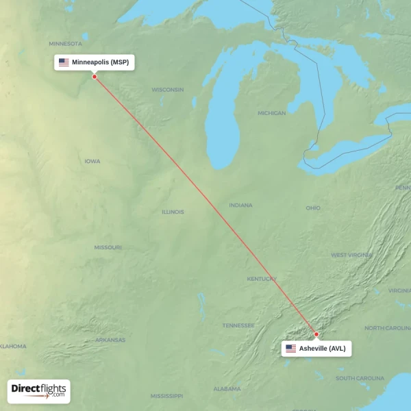 Minneapolis - Asheville direct flight map