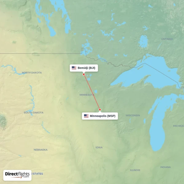 Minneapolis - Bemidji direct flight map