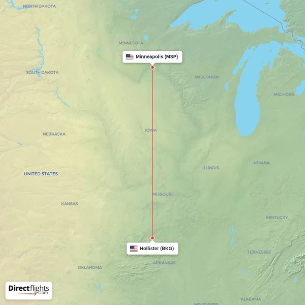 Minneapolis - Hollister direct flight map