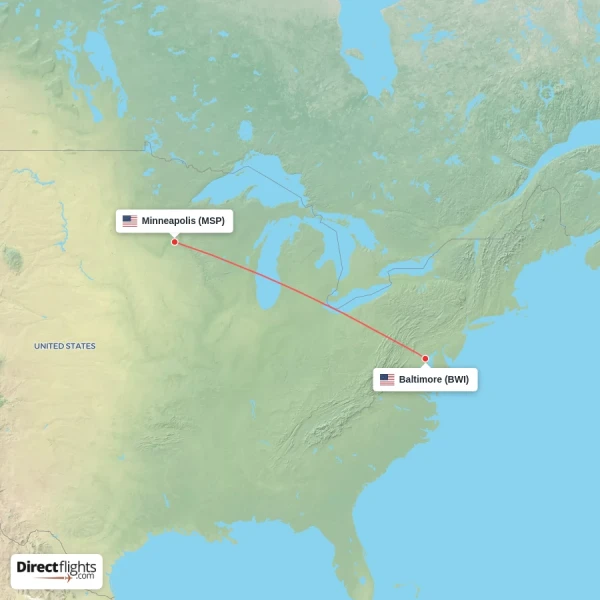 Minneapolis - Baltimore direct flight map
