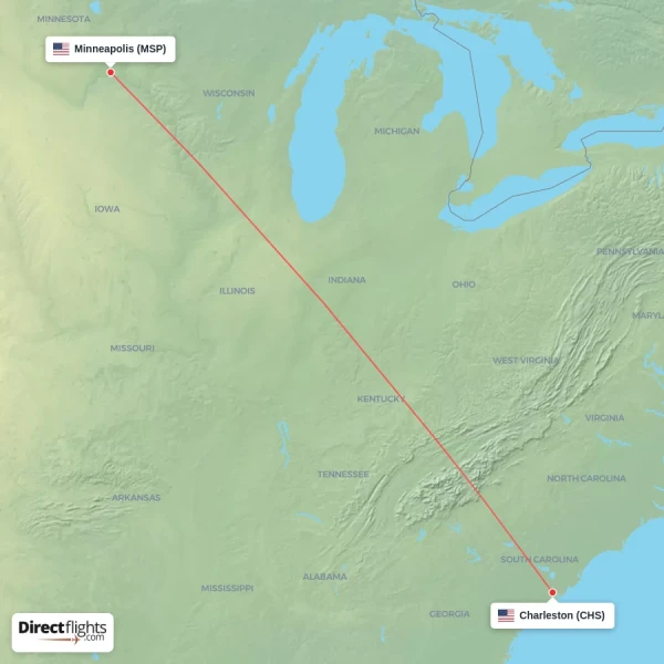 Minneapolis - Charleston direct flight map