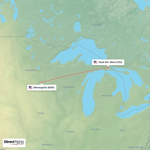 Minneapolis - Sault Ste. Marie direct flight map