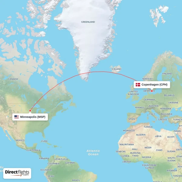 Minneapolis - Copenhagen direct flight map