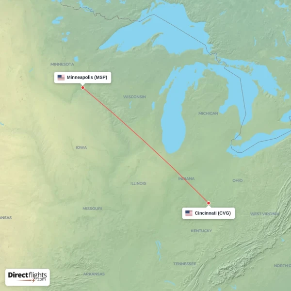 Minneapolis - Cincinnati direct flight map