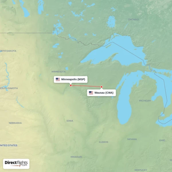 Minneapolis - Wausau direct flight map