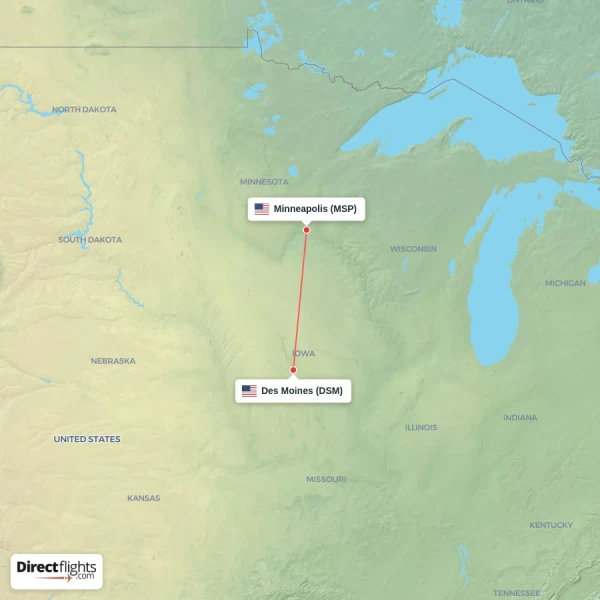Minneapolis - Des Moines direct flight map
