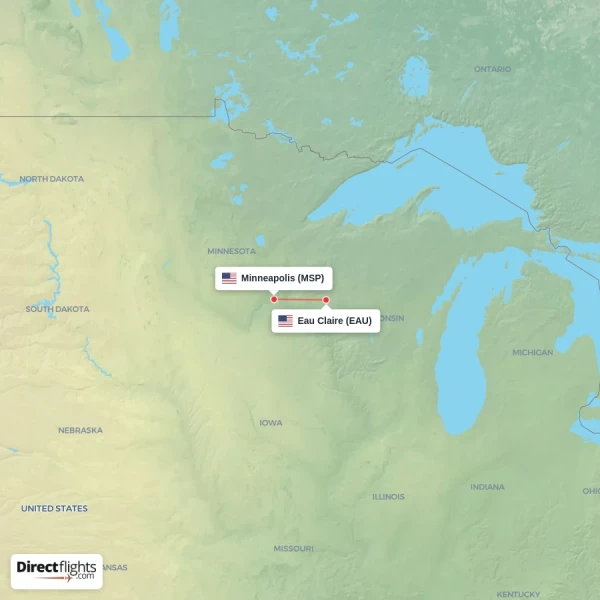 Minneapolis - Eau Claire direct flight map