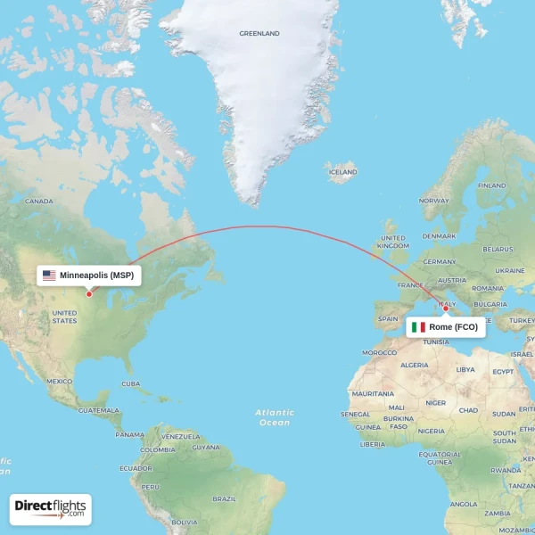 Minneapolis - Rome direct flight map