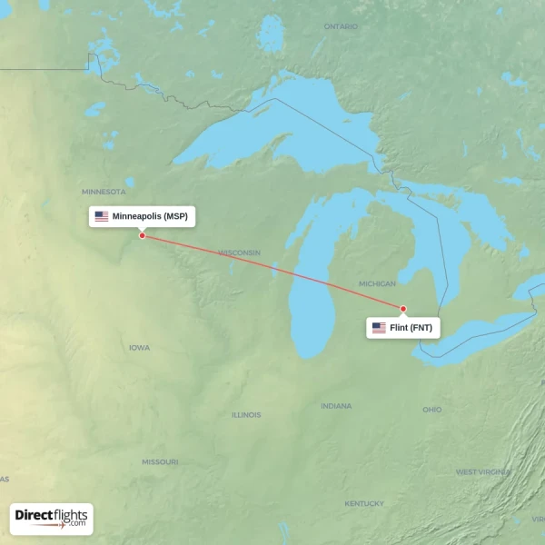 Minneapolis - Flint direct flight map