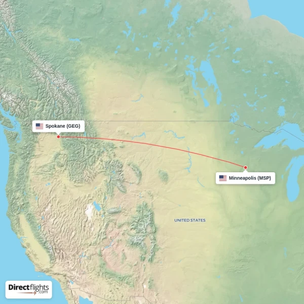 Minneapolis - Spokane direct flight map