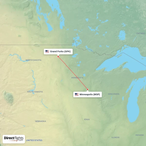 Minneapolis - Grand Forks direct flight map