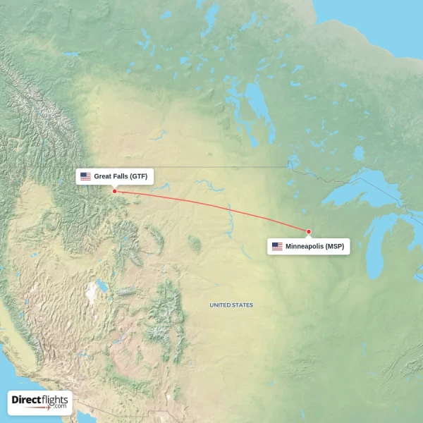 Minneapolis - Great Falls direct flight map