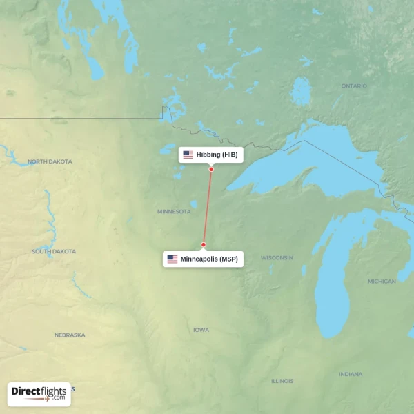 Minneapolis - Hibbing direct flight map