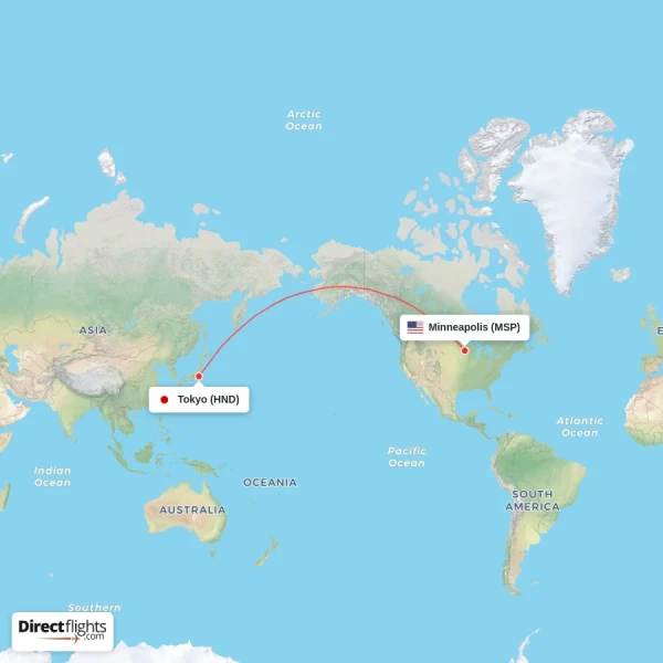 Minneapolis - Tokyo direct flight map