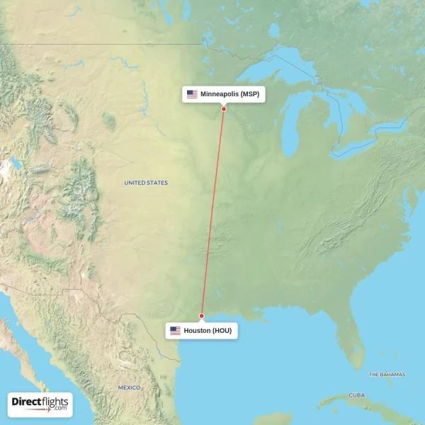 Minneapolis - Houston direct flight map