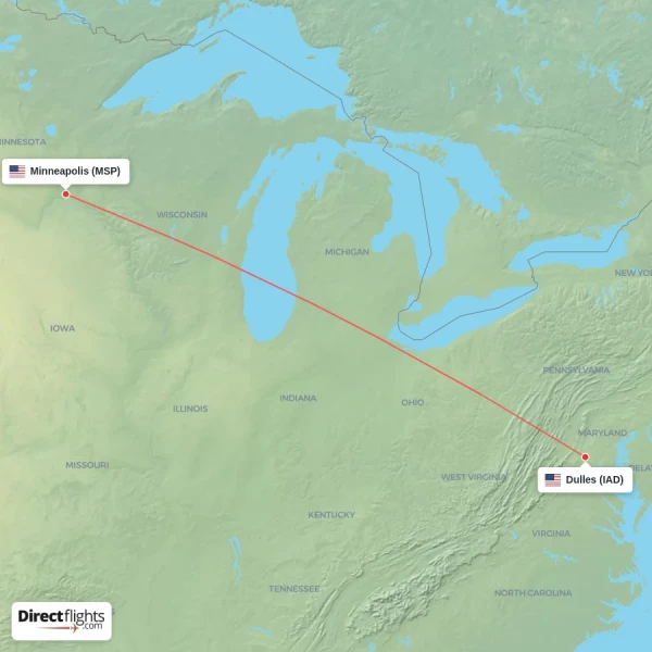Minneapolis - Dulles direct flight map