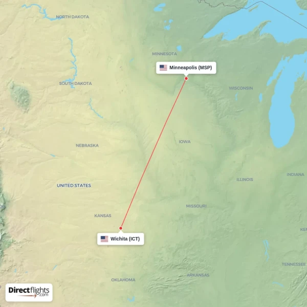 Minneapolis - Wichita direct flight map