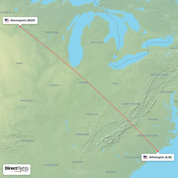 Minneapolis - Wilmington direct flight map