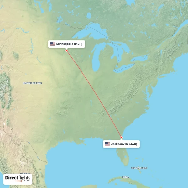 Minneapolis - Jacksonville direct flight map