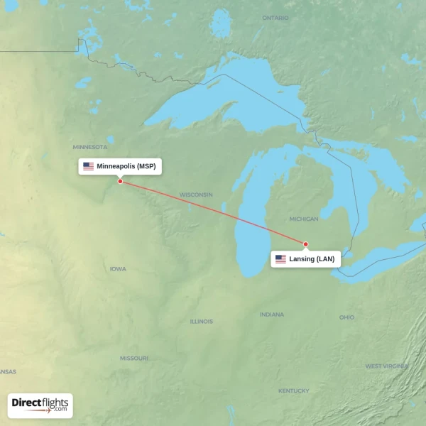 Minneapolis - Lansing direct flight map