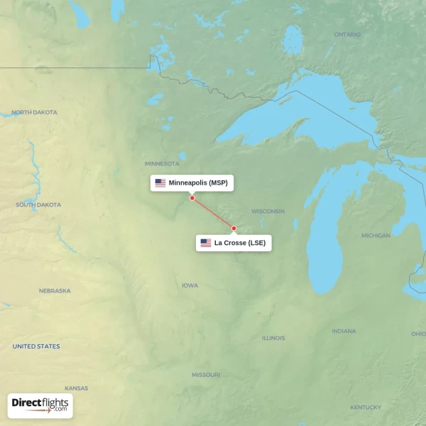 Minneapolis - La Crosse direct flight map