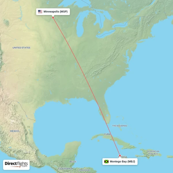 Minneapolis - Montego Bay direct flight map