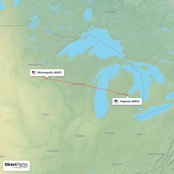 Minneapolis - Saginaw direct flight map