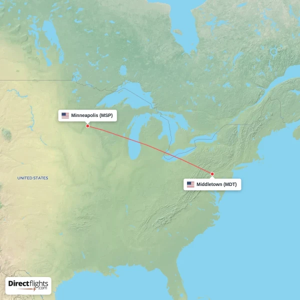 Minneapolis - Middletown direct flight map