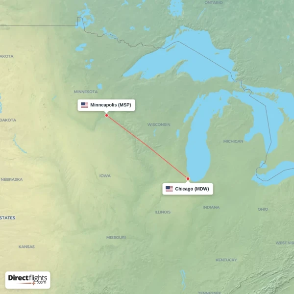 Minneapolis - Chicago direct flight map