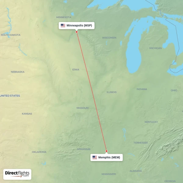 Minneapolis - Memphis direct flight map