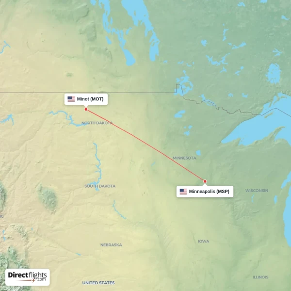 Minneapolis - Minot direct flight map