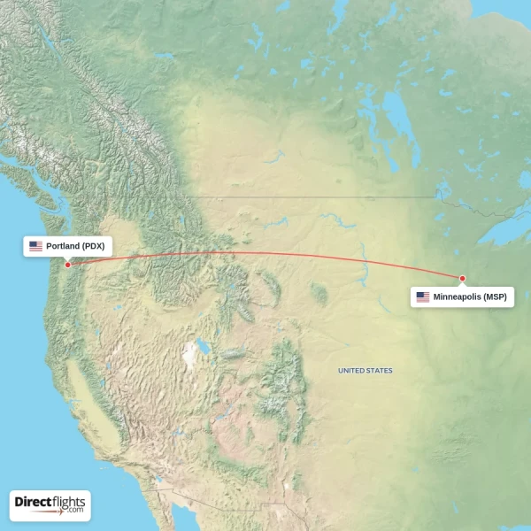 Minneapolis - Portland direct flight map