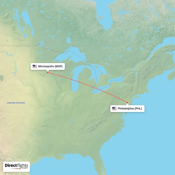 Minneapolis - Philadelphia direct flight map