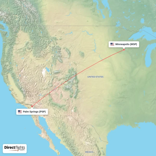 Minneapolis - Palm Springs direct flight map