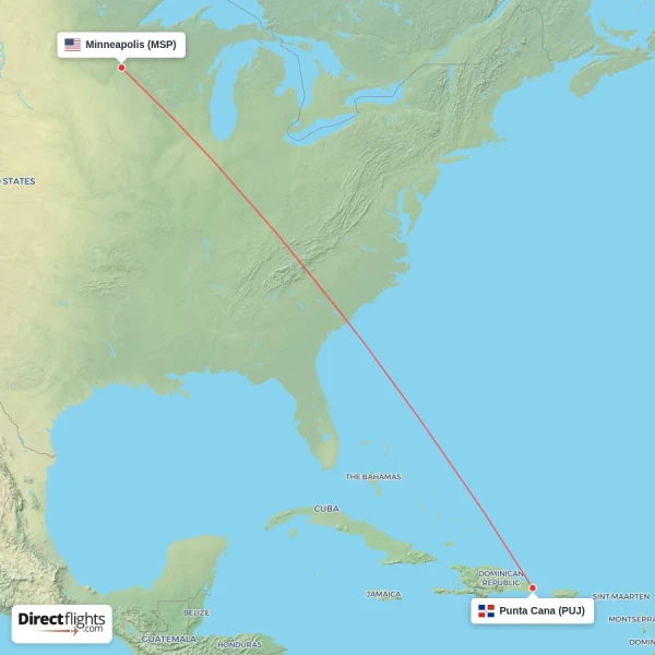Minneapolis - Punta Cana direct flight map