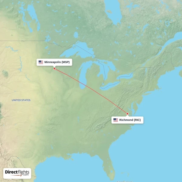 Minneapolis - Richmond direct flight map