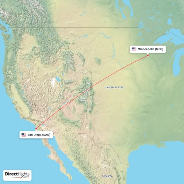 Minneapolis - San Diego direct flight map