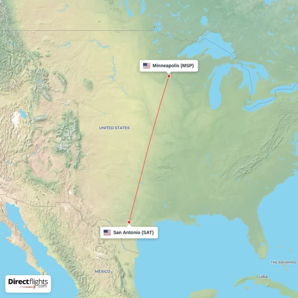 Minneapolis - San Antonio direct flight map