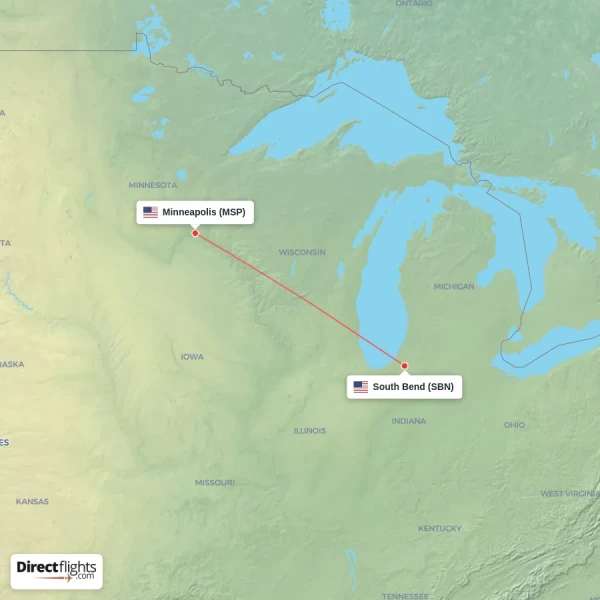 Minneapolis - South Bend direct flight map