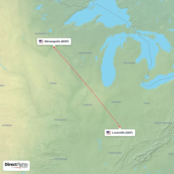 Minneapolis - Louisville direct flight map