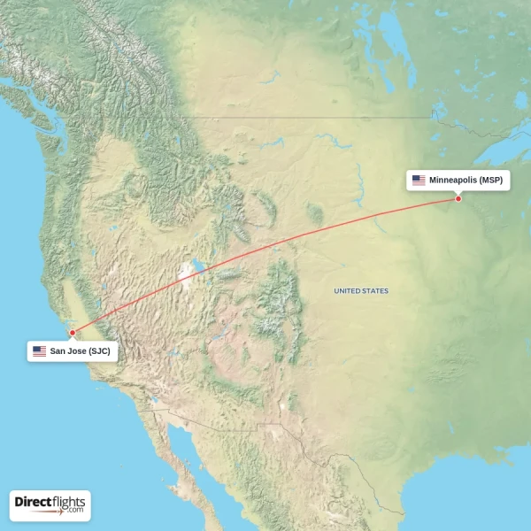 Minneapolis - San Jose direct flight map