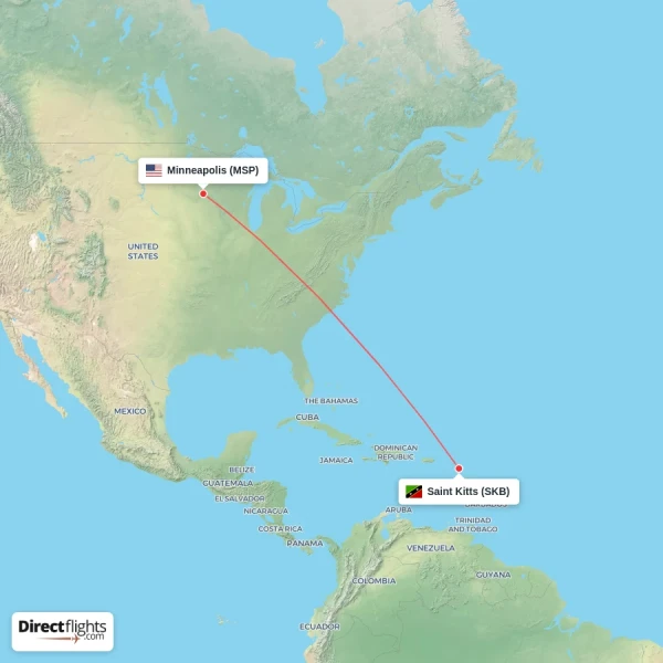 Minneapolis - Saint Kitts direct flight map
