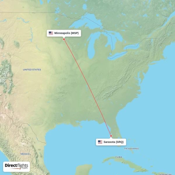 Minneapolis - Sarasota direct flight map