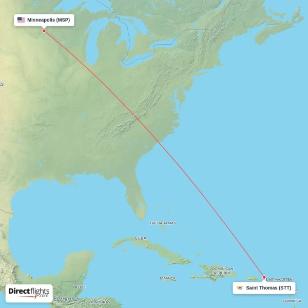 Minneapolis - Saint Thomas direct flight map