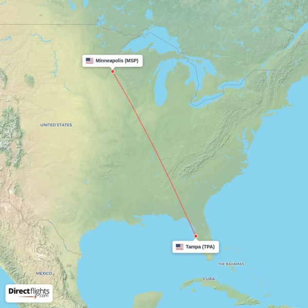 Minneapolis - Tampa direct flight map