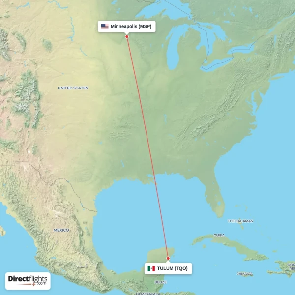Minneapolis - TULUM direct flight map